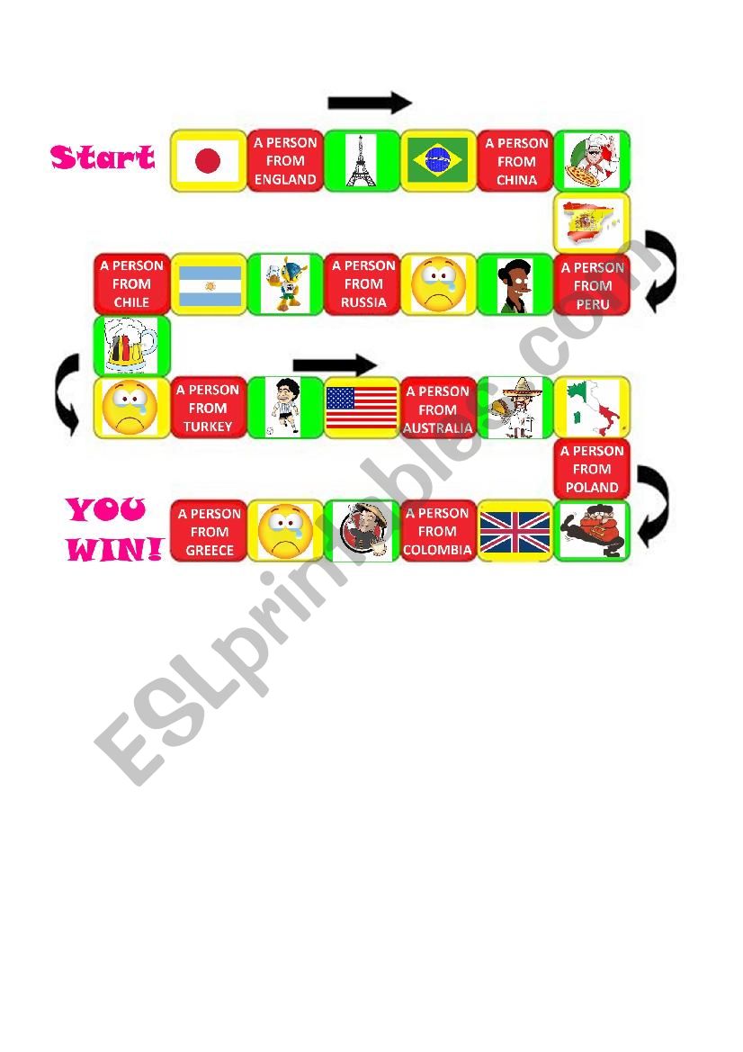 Nationalities Board Game worksheet
