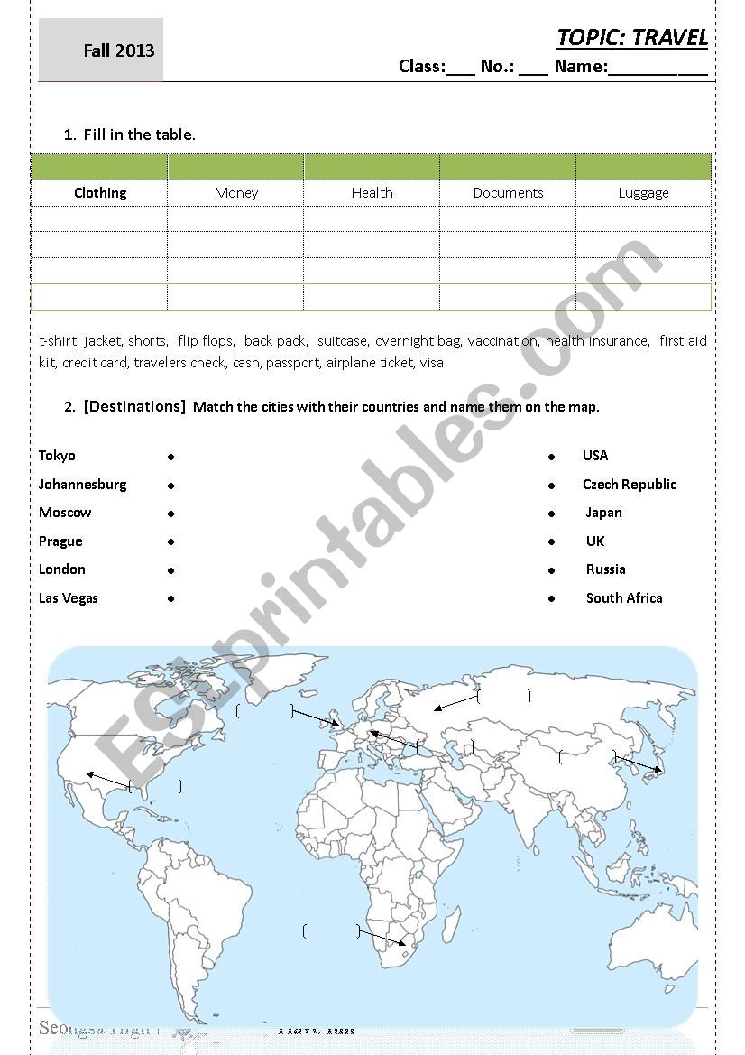 traveling worksheet worksheet