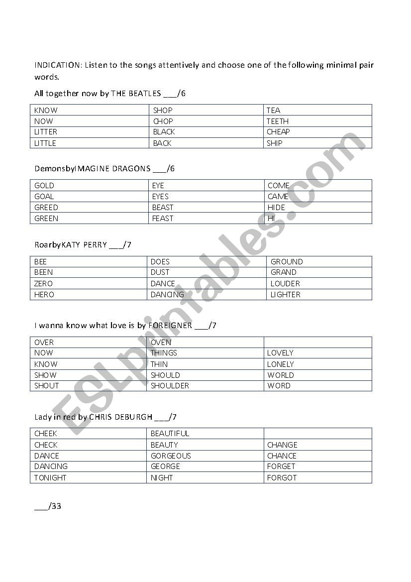 Minimal Pairs. Song lyrics worksheet