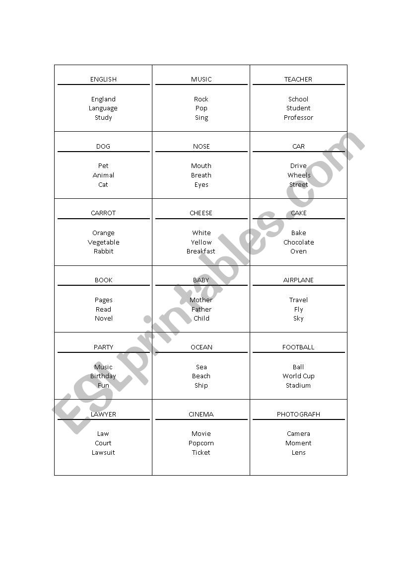 Taboo worksheet