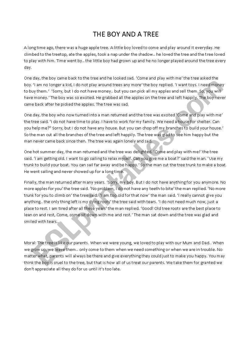 THE BOY AND A TREE worksheet