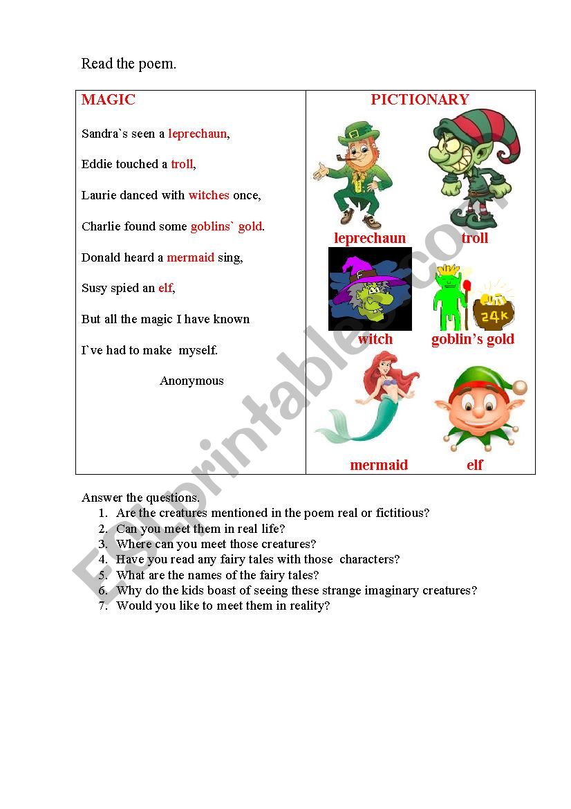 MAGIC (a poem + questions) worksheet