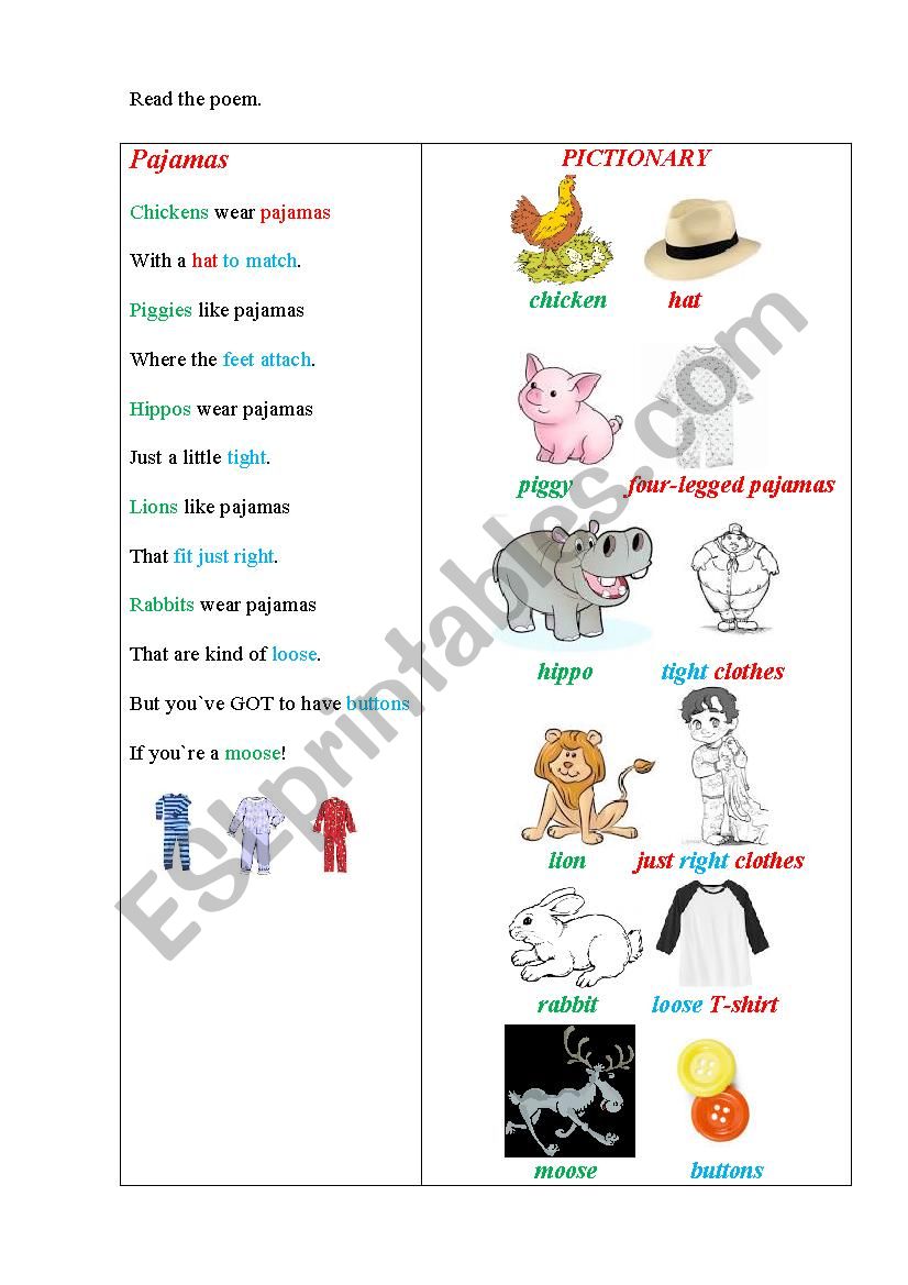 PAJAMAS (a poem + questions) worksheet