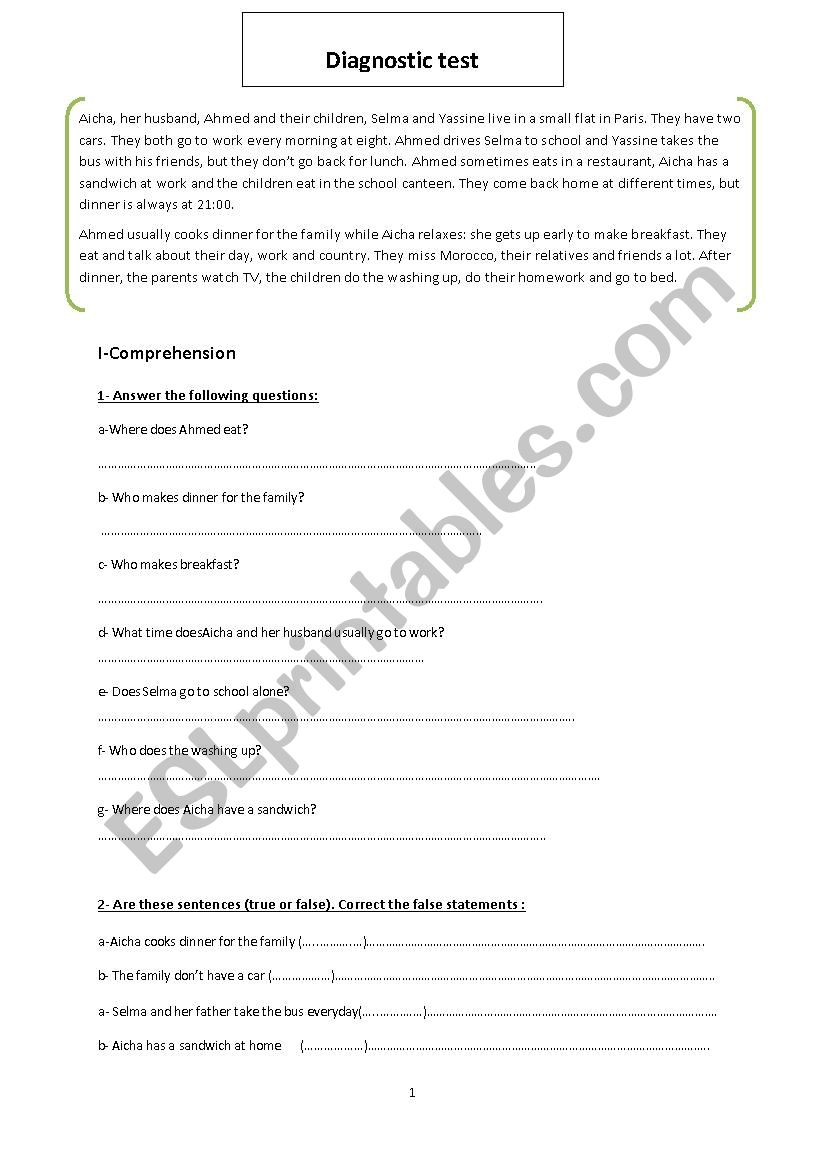 diagnostic/placement test worksheet