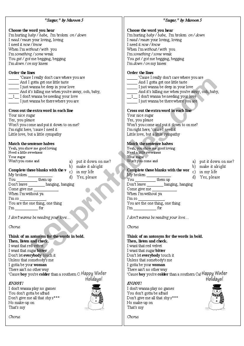 Sugar  -  Maroon 5 worksheet