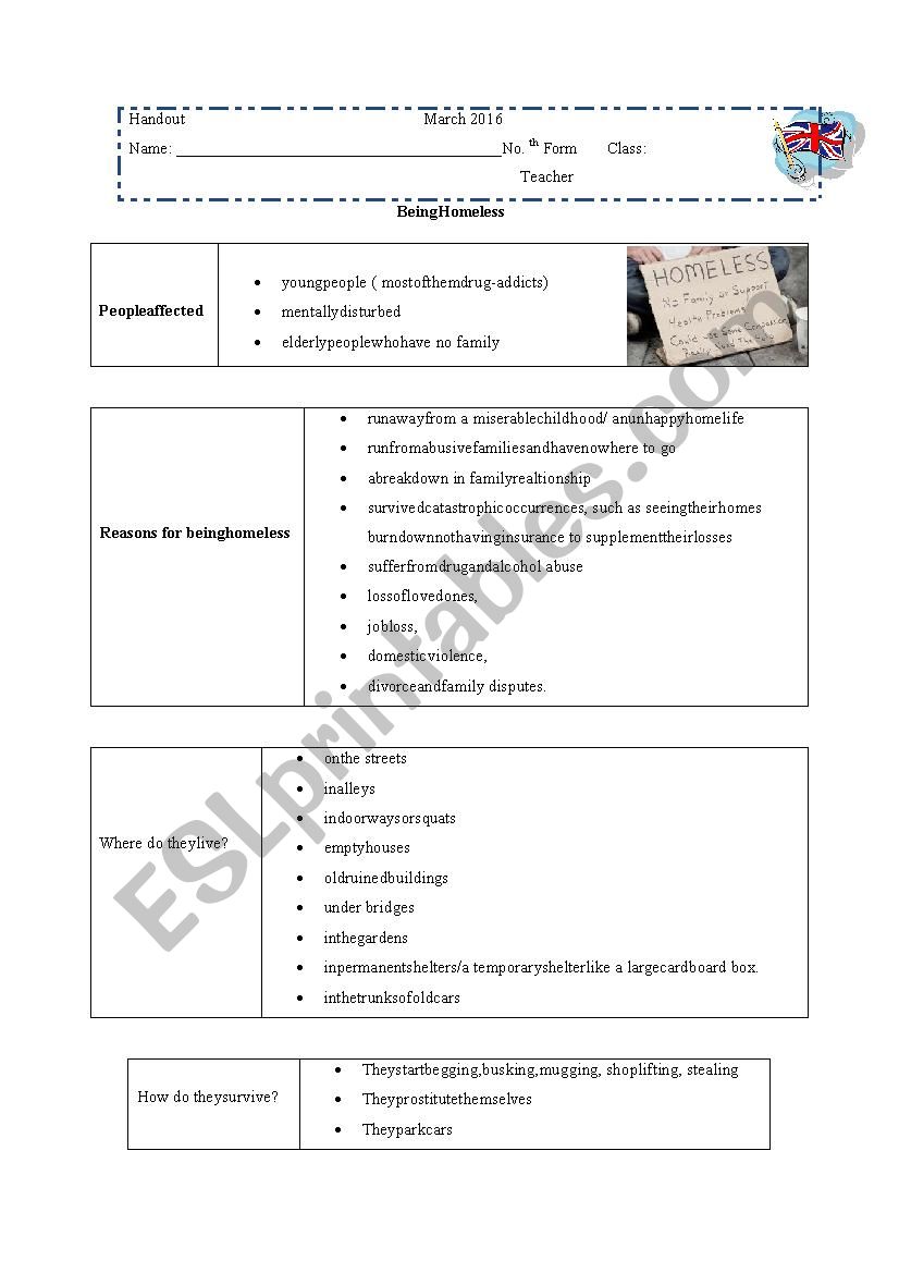 Being homeless worksheet