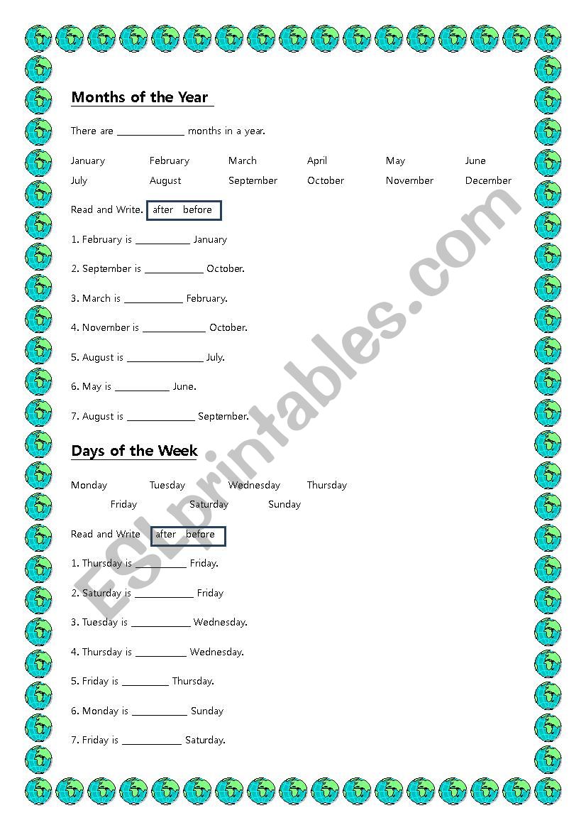 Before and After (Days of the Week and Months of the Year)