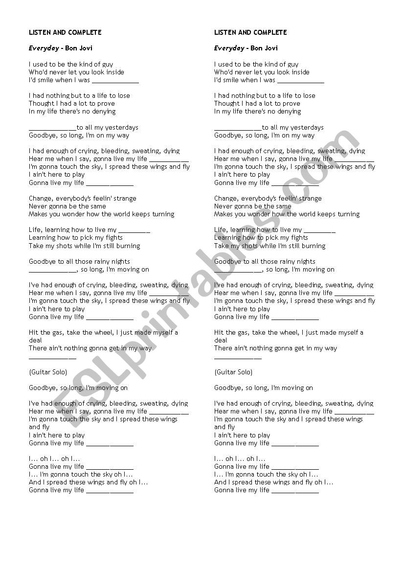 EVERYDAY - BON JOVI worksheet