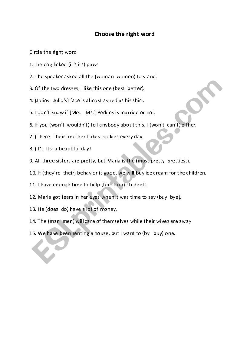 Circle the right word worksheet