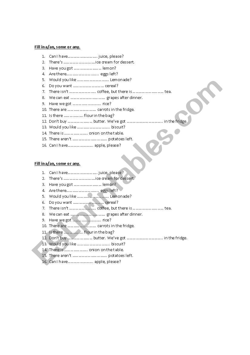 Fill in with some any or a an worksheet