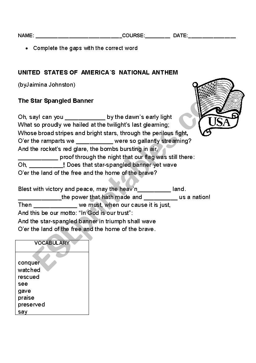 USA NATIONAL ANTHEM worksheet