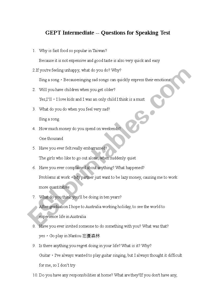 GEPT Intermediate Questions worksheet