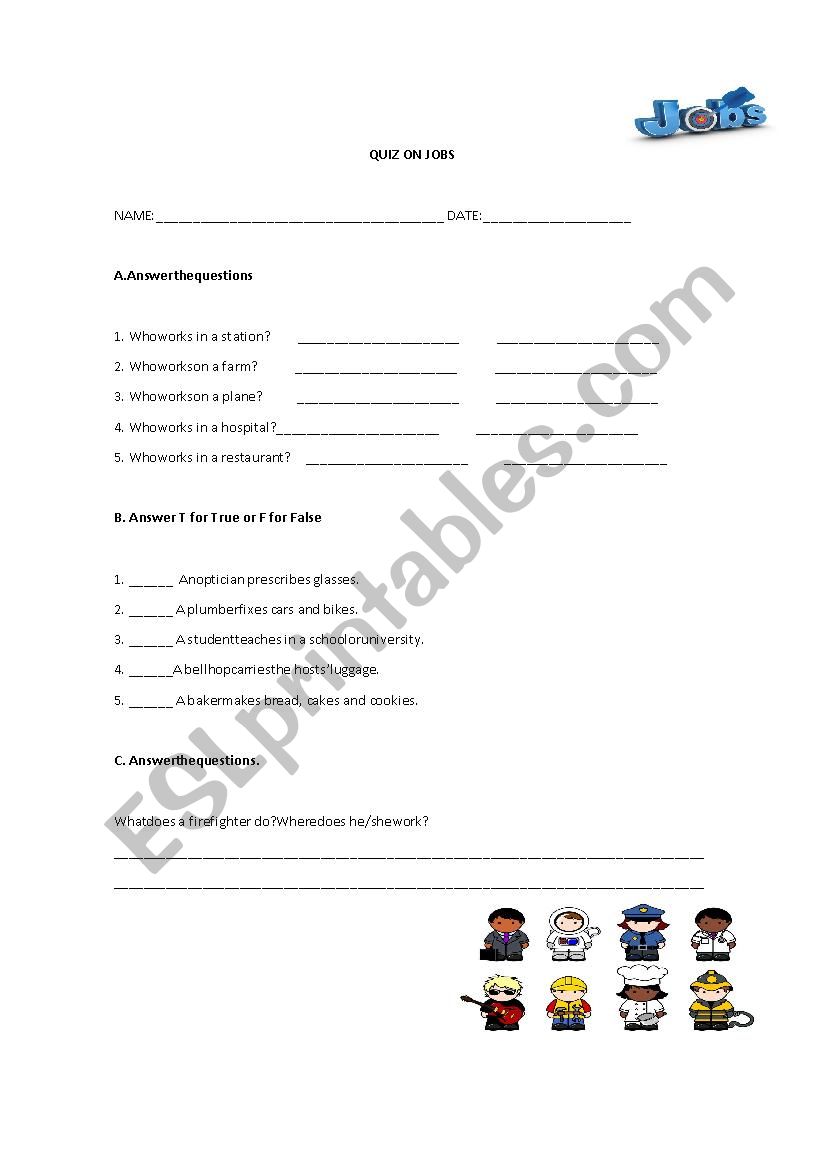 QUIZ ON JOBS worksheet