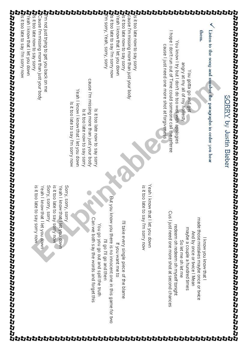 Sorry - Justin Bieber song worksheet