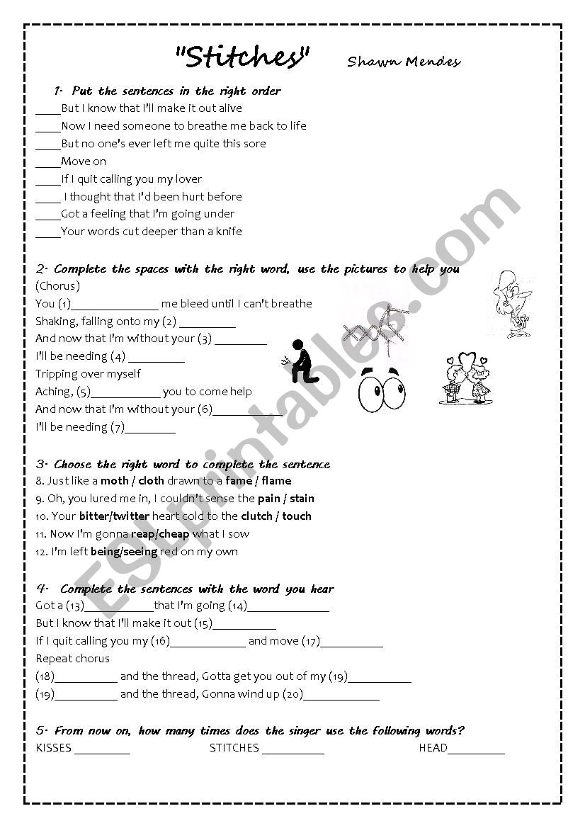 Stiches - Shawn Mendes worksheet