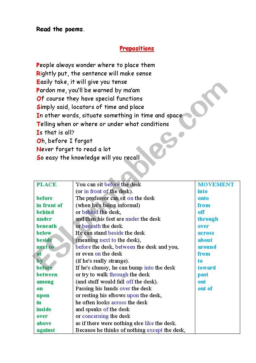 PREPOSITIONS (2 poems + questions)