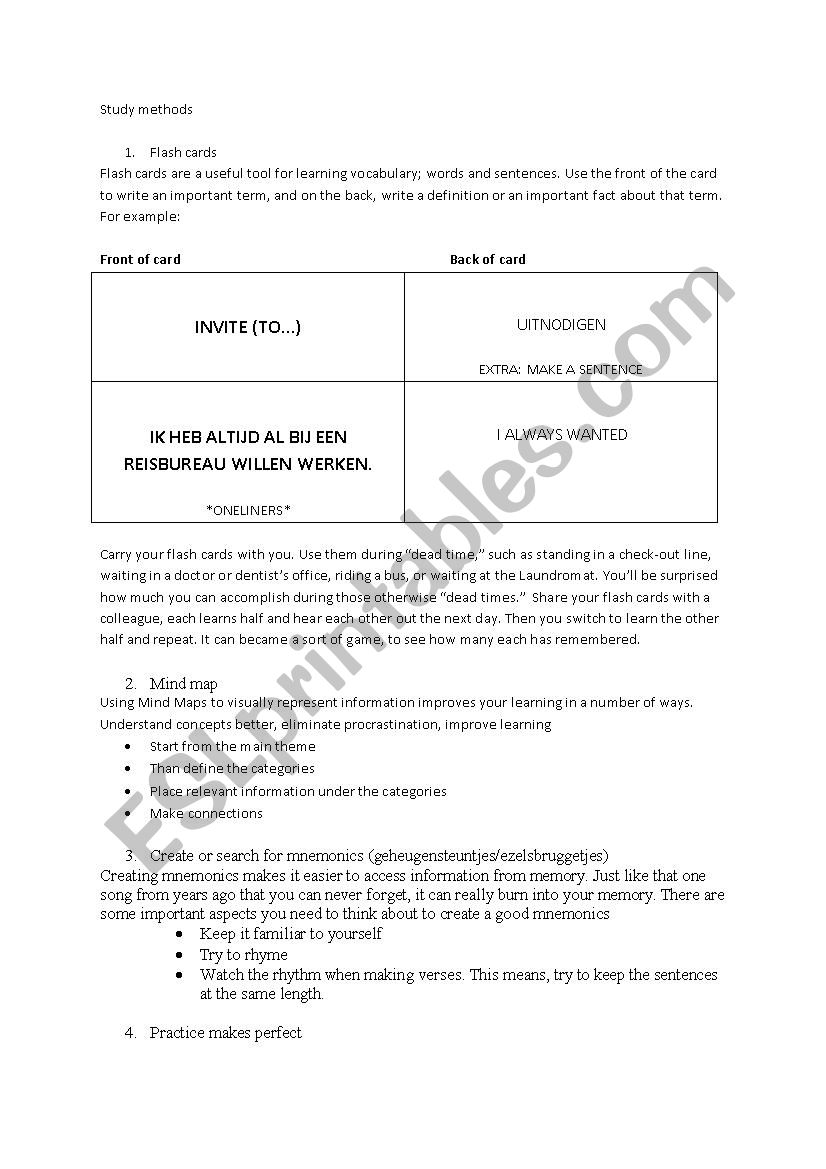 Study methods worksheet