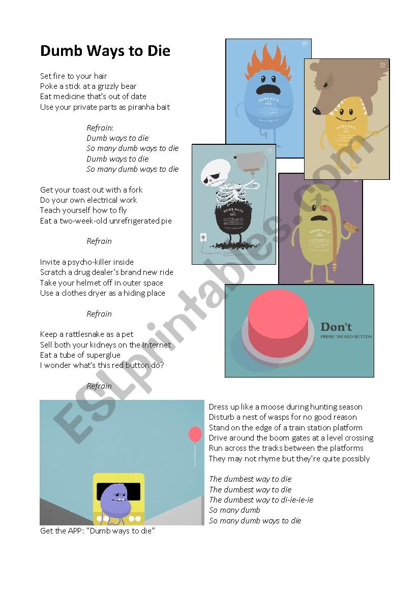 Dumb Ways to Die worksheet