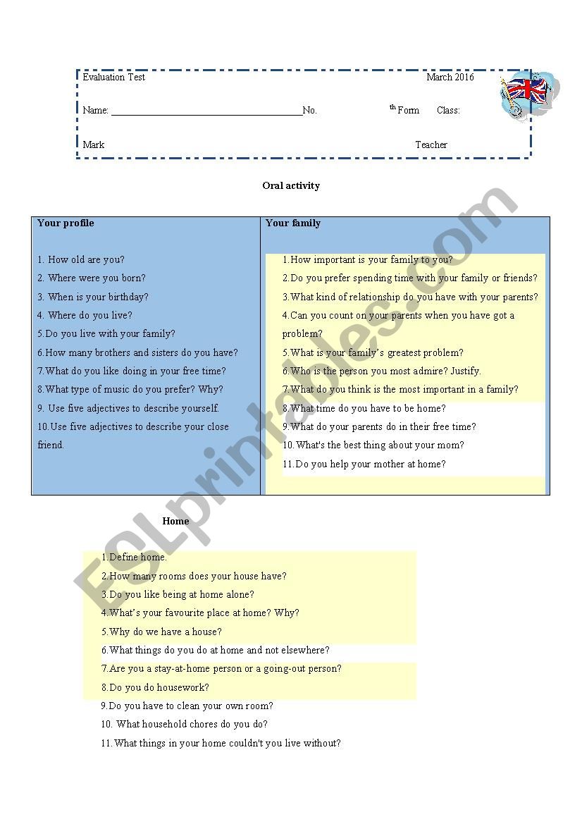 oral activity worksheet