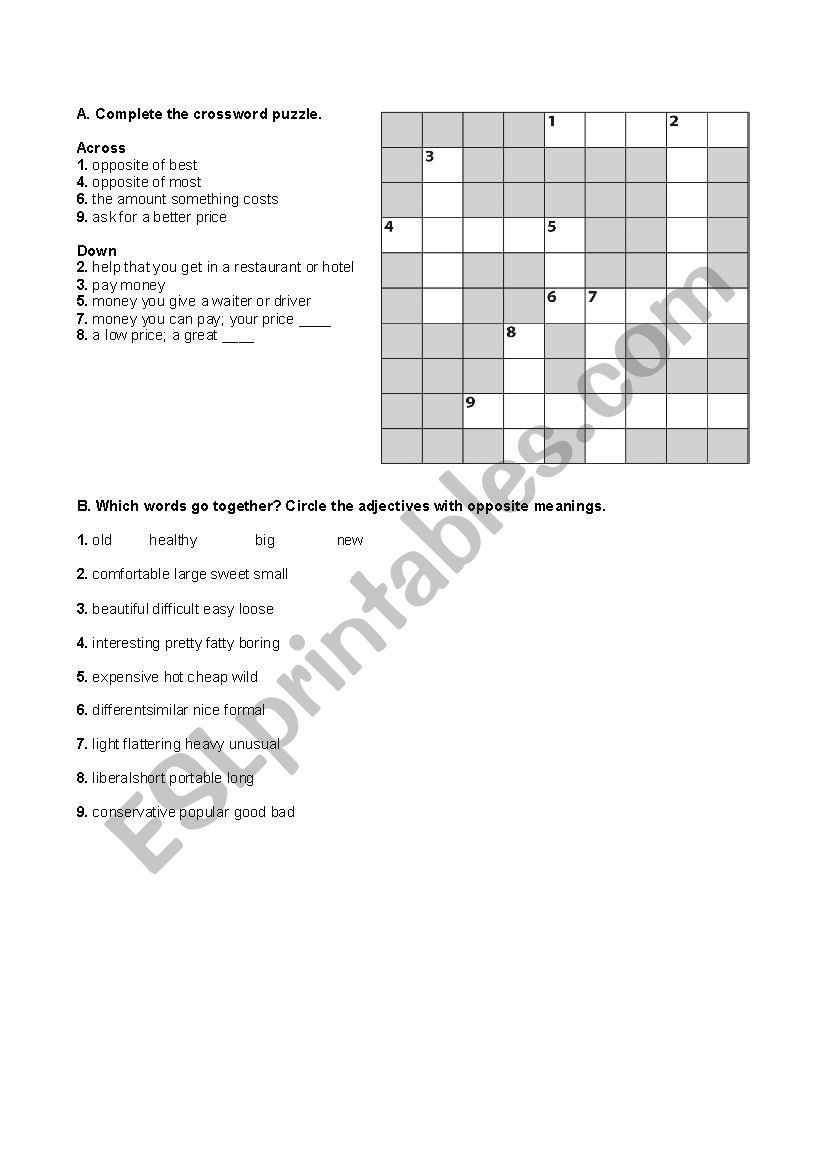 opposites crossword puzzle (comparatives and superlatives)