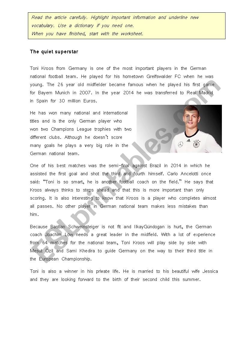 UEFA EURO 2016 Germany Players Profile Toni Kroos incl. Worksheet