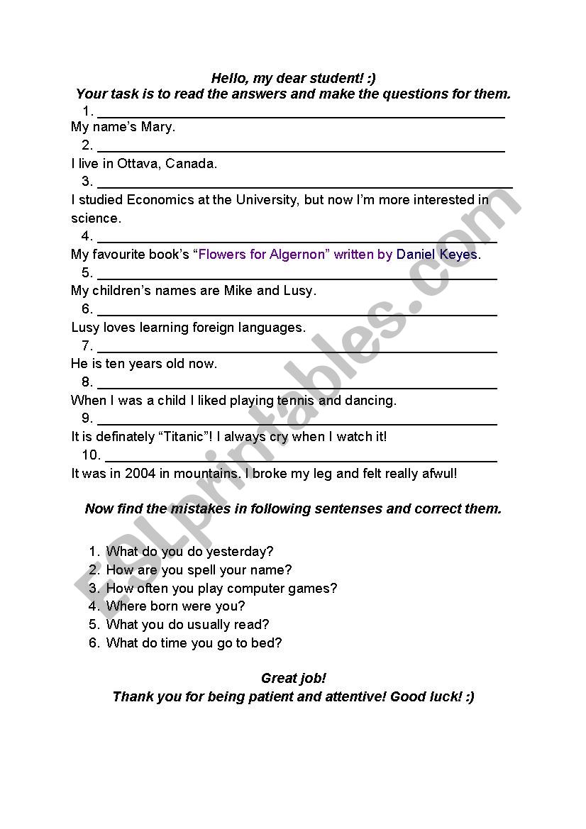 Word order in questions worksheet