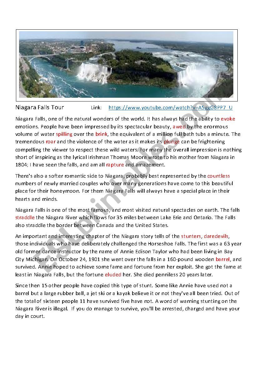 Niagara Falls Tour worksheet