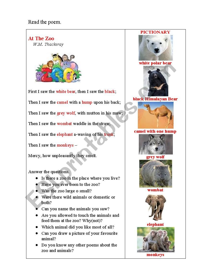 ZOO (poem + questions) worksheet