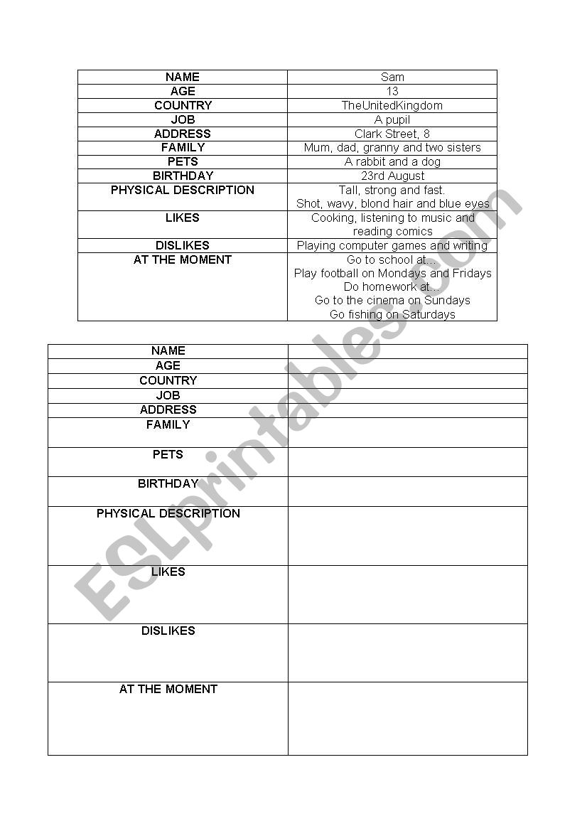 About me worksheet
