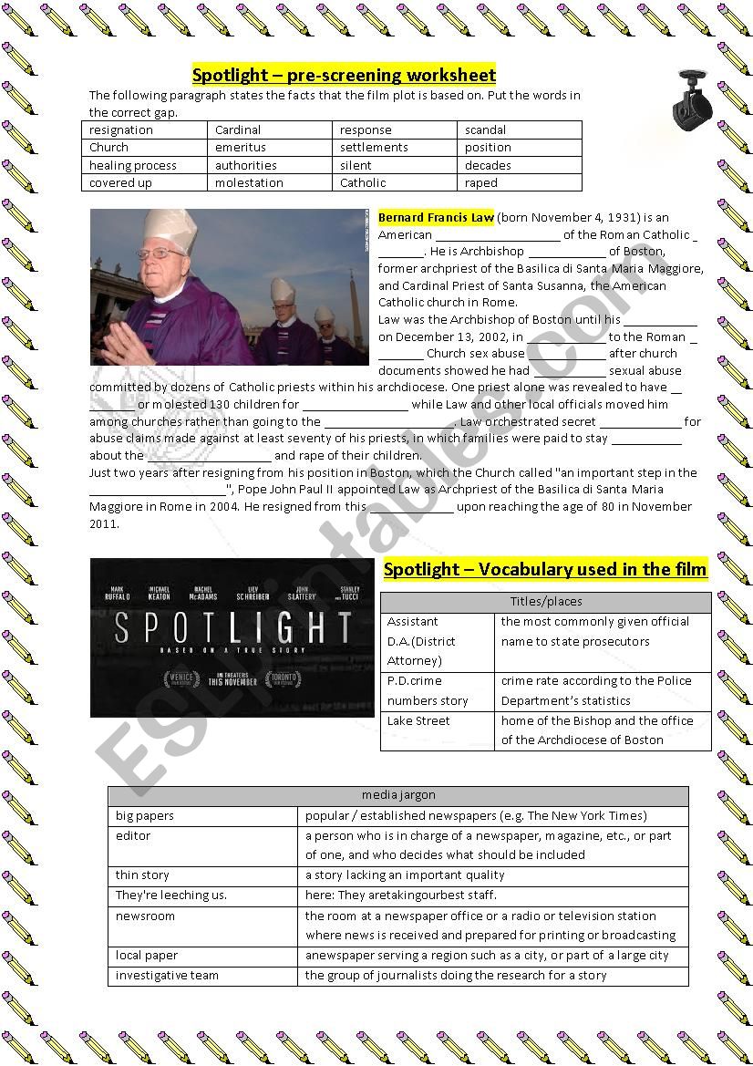 Film worksheet - Spotlight worksheet