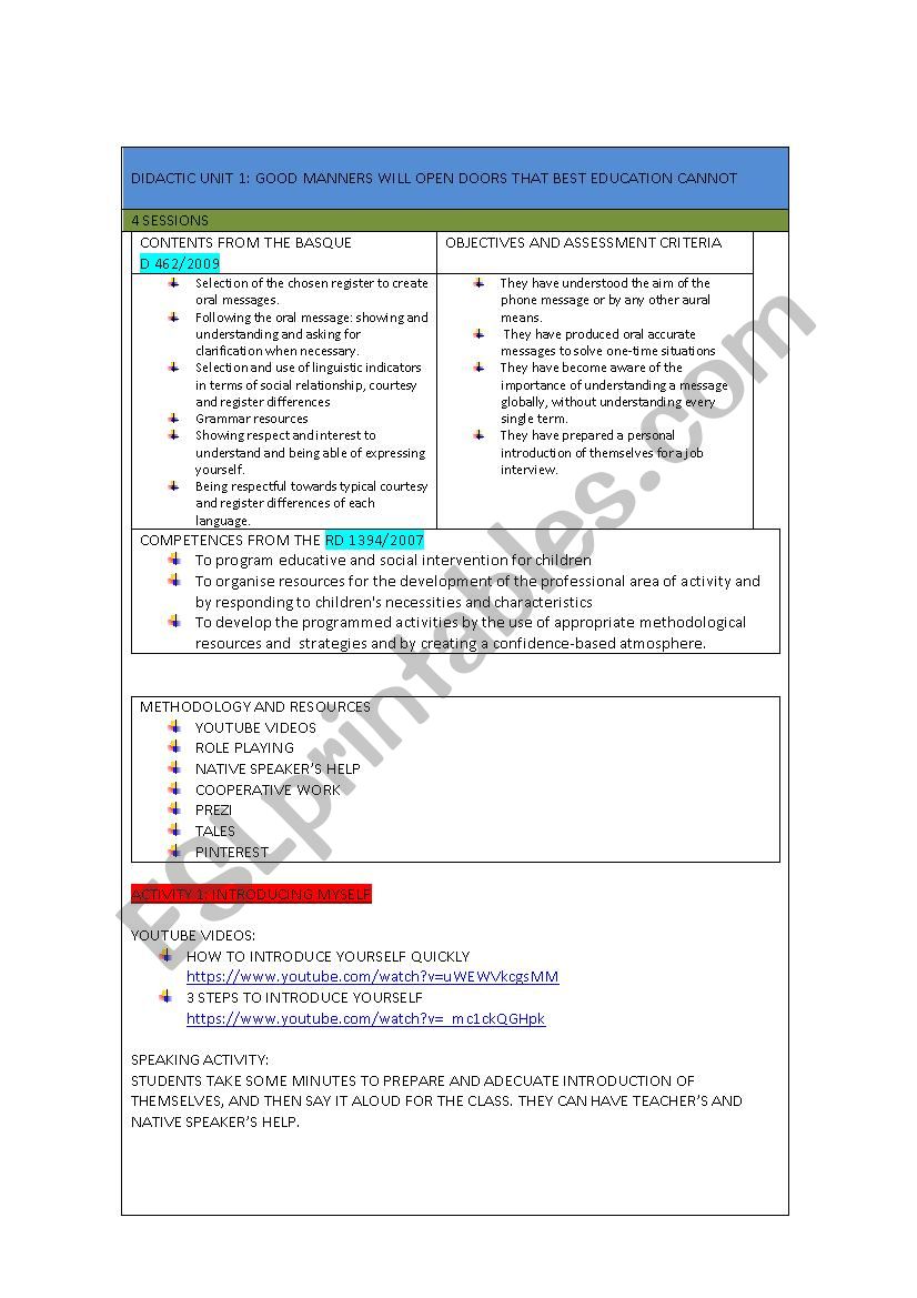 didactic unit for technical english. pre-primary school teachers