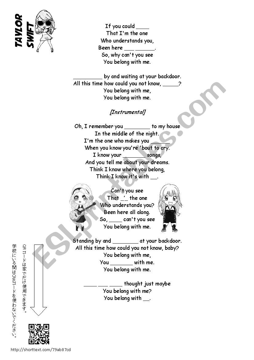 Taylor Swift - You belong with me - ESL worksheet by Travelling 