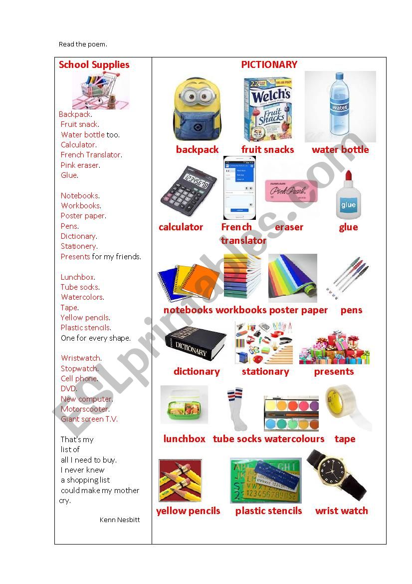 SCHOOL SUPPLIES (a poem + questions)