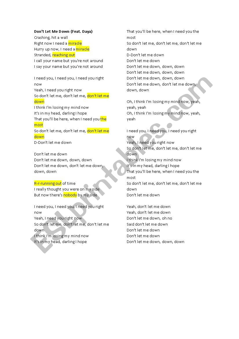 Song Don T Let Me Down Esl Worksheet By Teachersimonesm