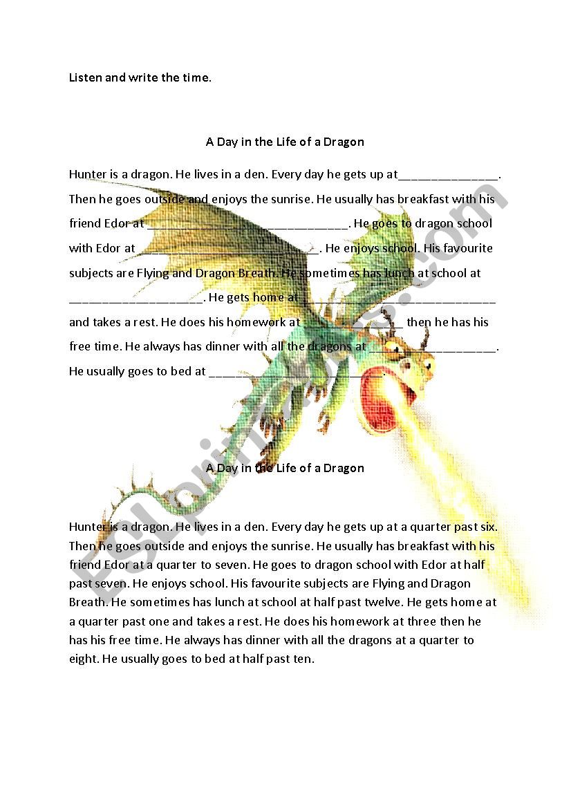 A Day in the LIfe of a Dragon worksheet