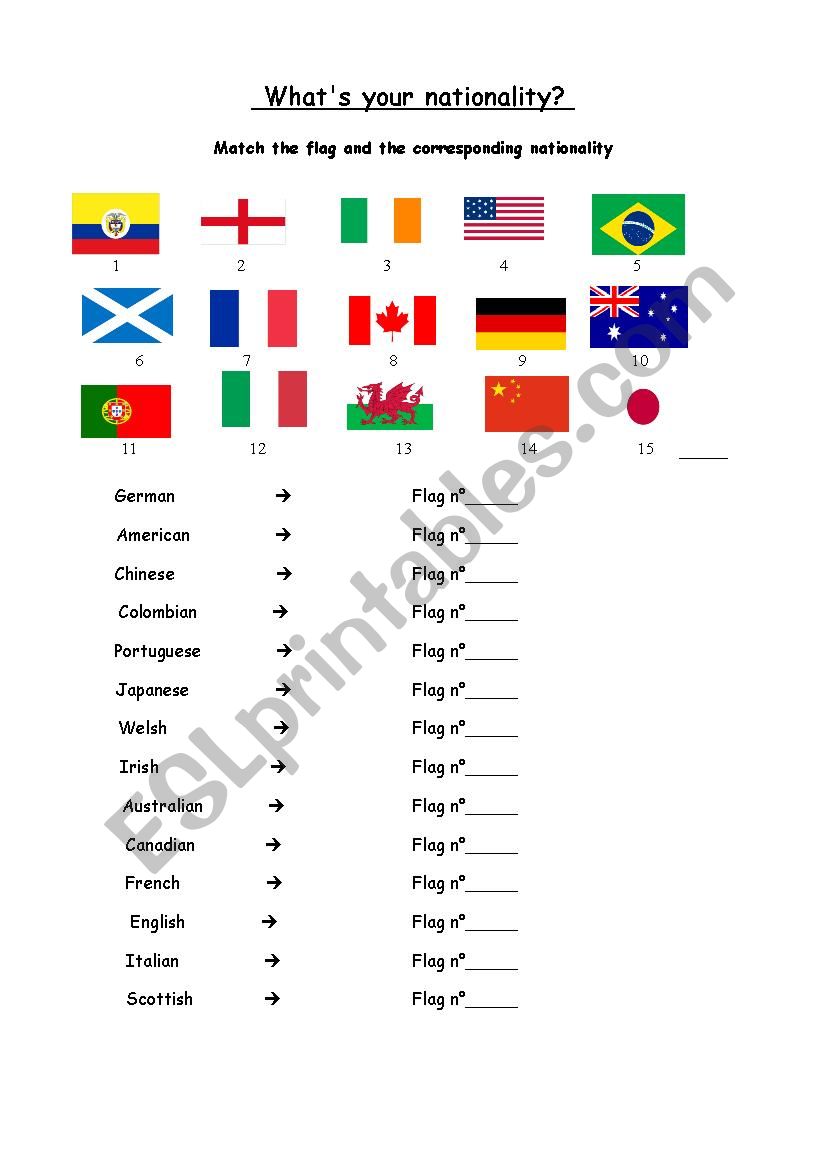 Nationality matching and game worksheet