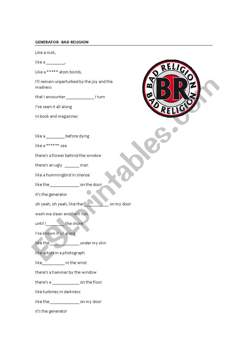 Generator- Bad Religion worksheet