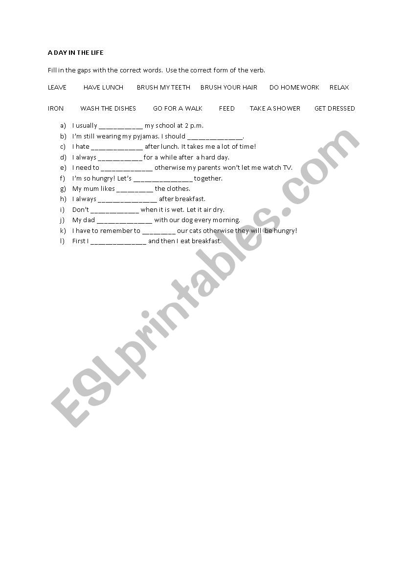 A day in the life worksheet
