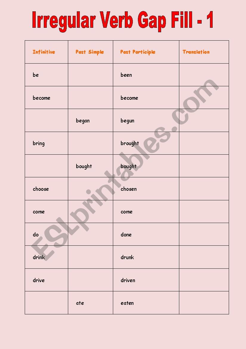 Irregular Verb Challenge 1/5 worksheet