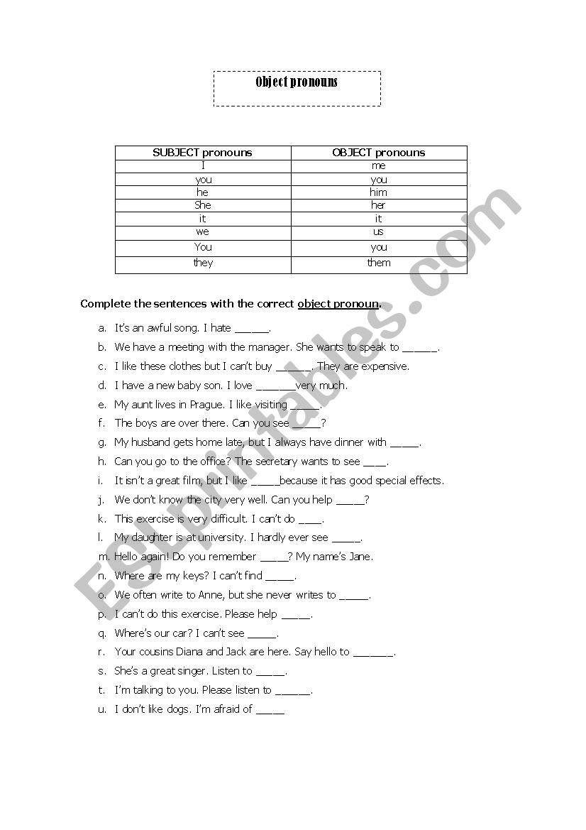 object pronouns worksheet