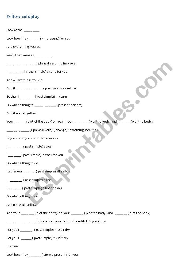 yellow coldplay worksheet