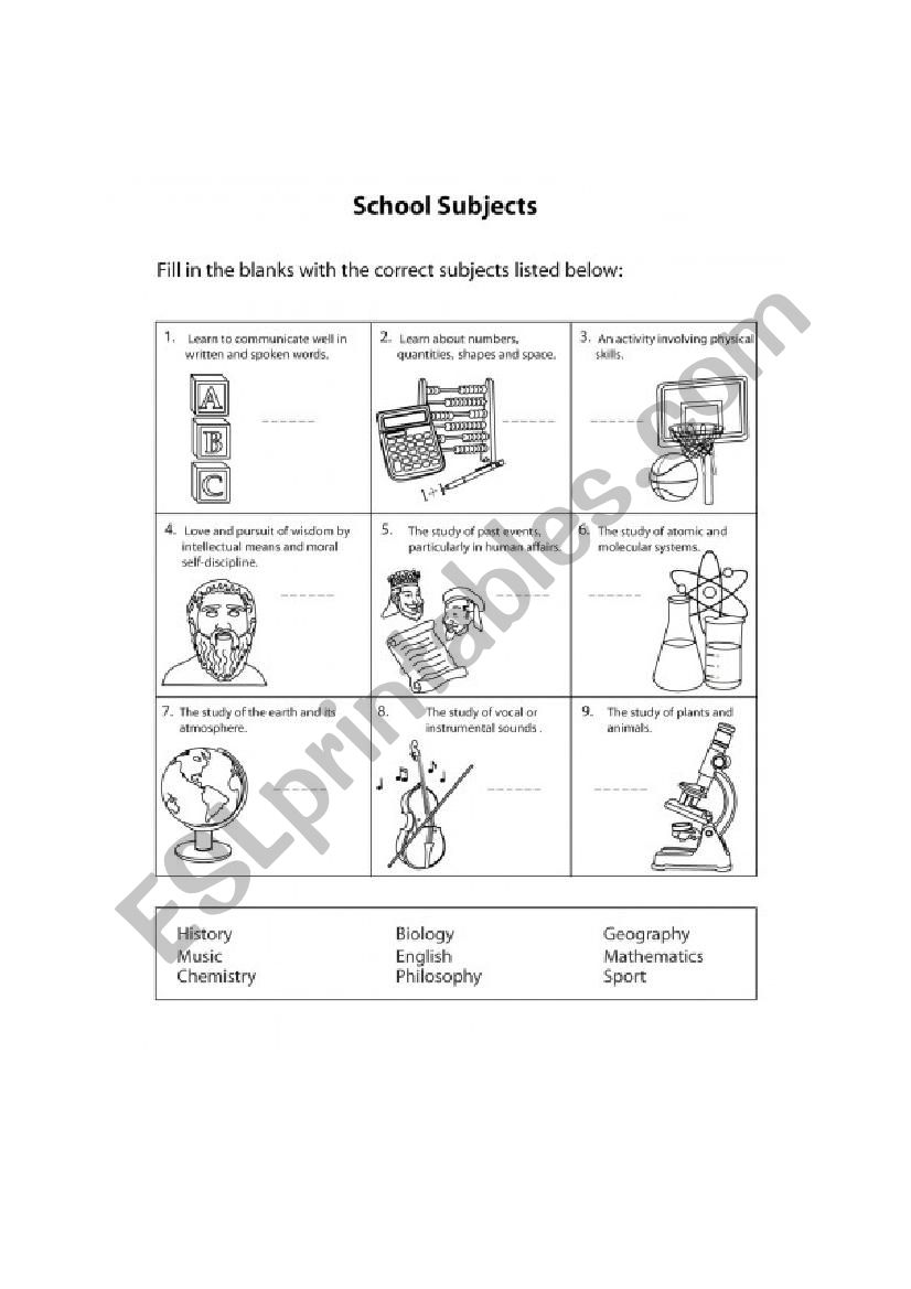 school subjects worksheet