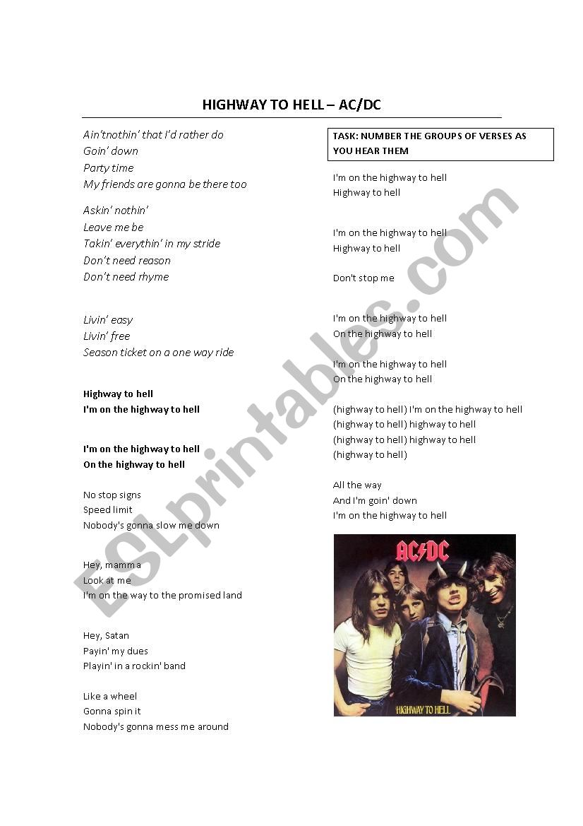 Highway to Hell worksheet