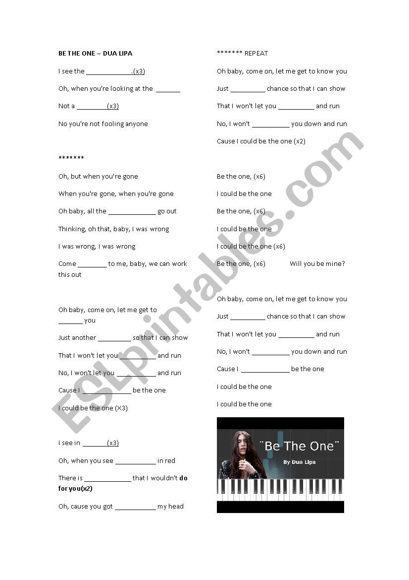 Be the One by Dua Lipa worksheet