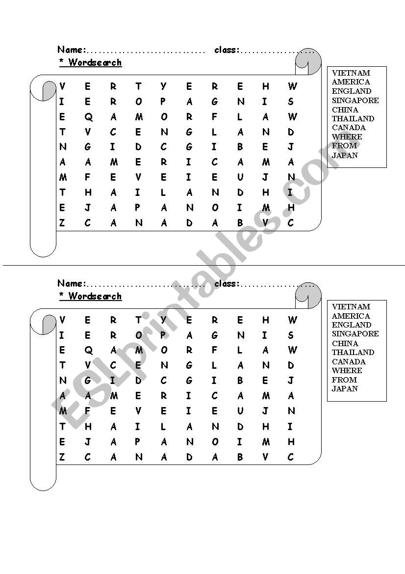 country word search worksheet