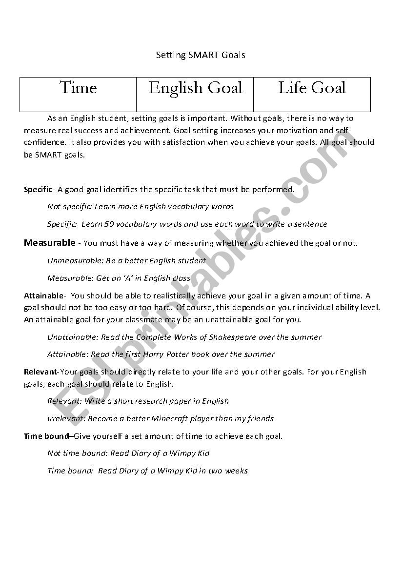 Setting SMART Goals worksheet