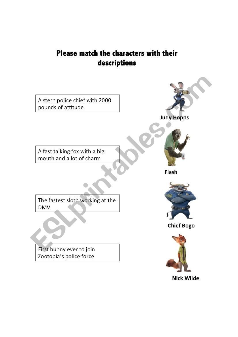 Zootopia Character match worksheet