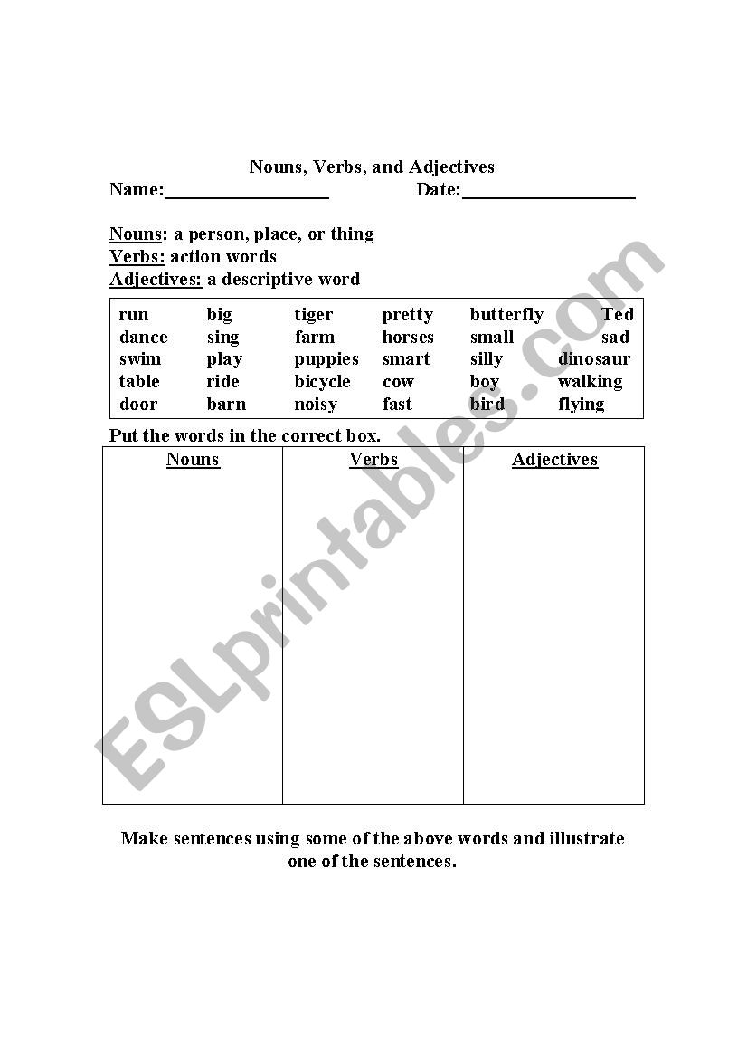 noun verb or adjective worksheet