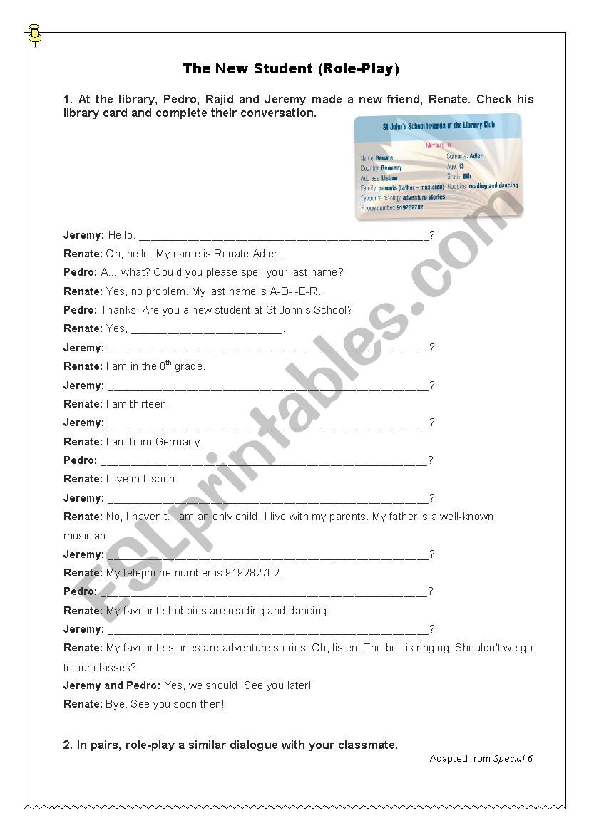The Nwe Student - Role-Play worksheet