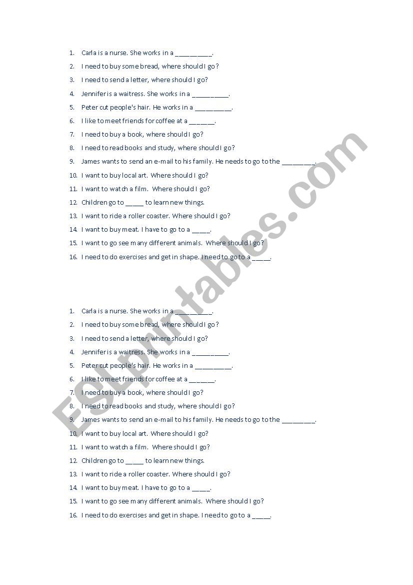 Places in a city worksheet